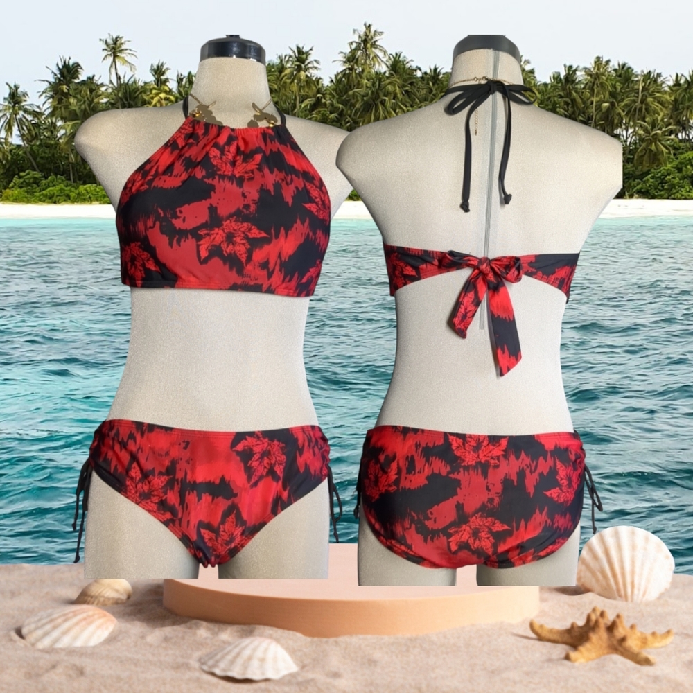 EH! Red &Black Maple Life Two Pieces Bikini Swimsuit Size 12